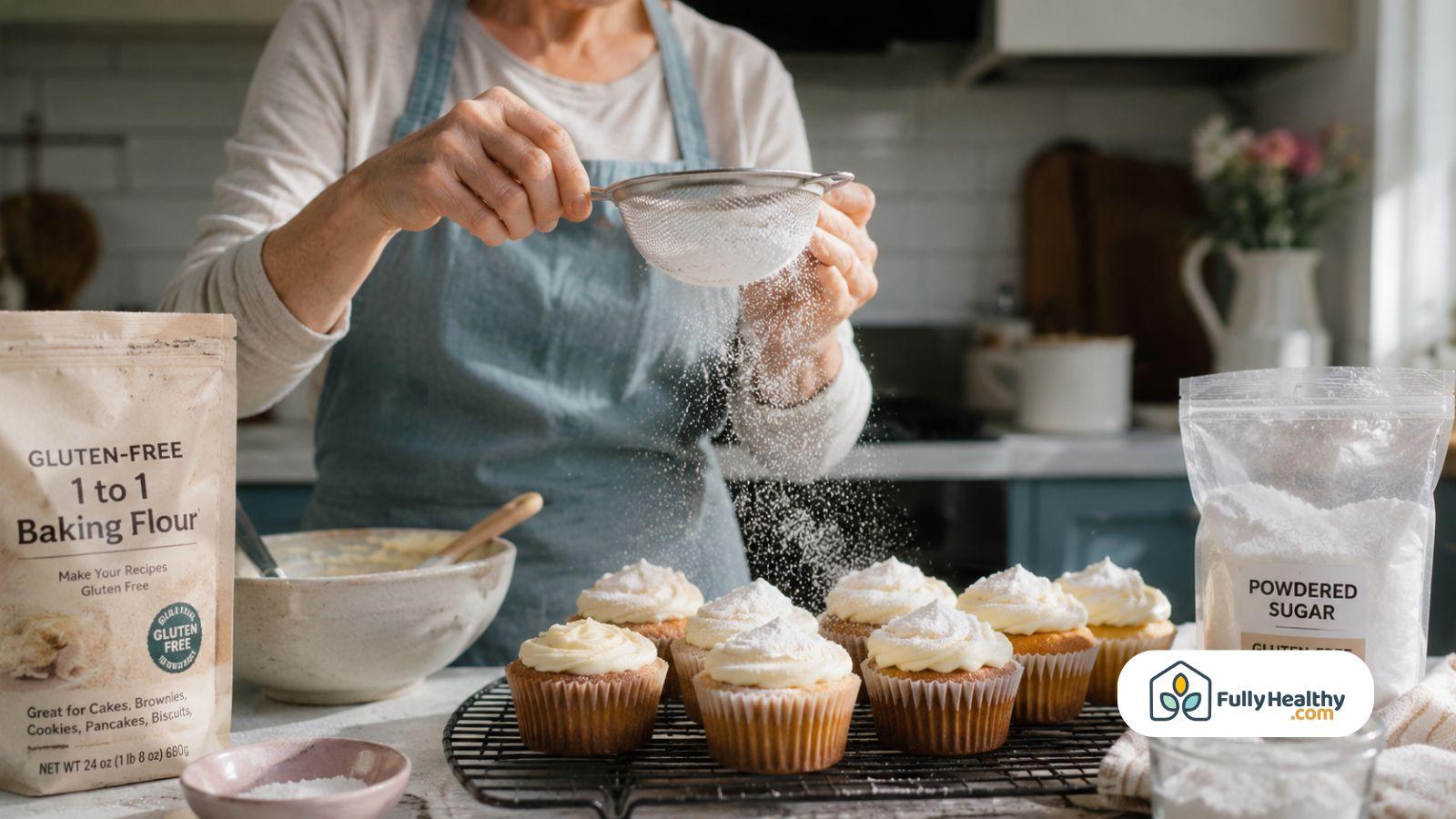Baker sifts powdered sugar over gluten-free cupcakes topped with frosting