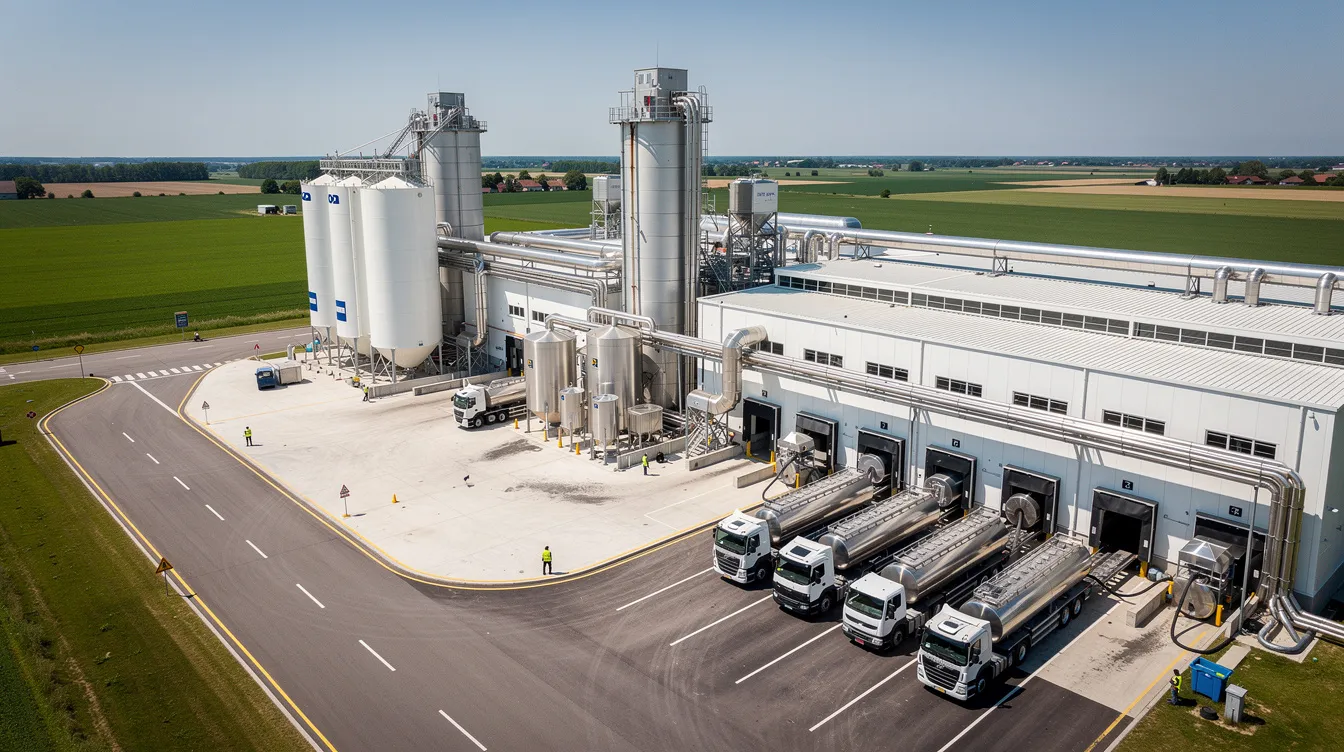 c34b5271 a928 4d6d a0ec 3248efea93a9 An aerial view of a large dairy processing facility shows several milk tanker trucks arriving at the loading dock, ready for raw milk intake. This bustling scene highlights the importance of efficient dairy operations and production planning within the dairy industry.