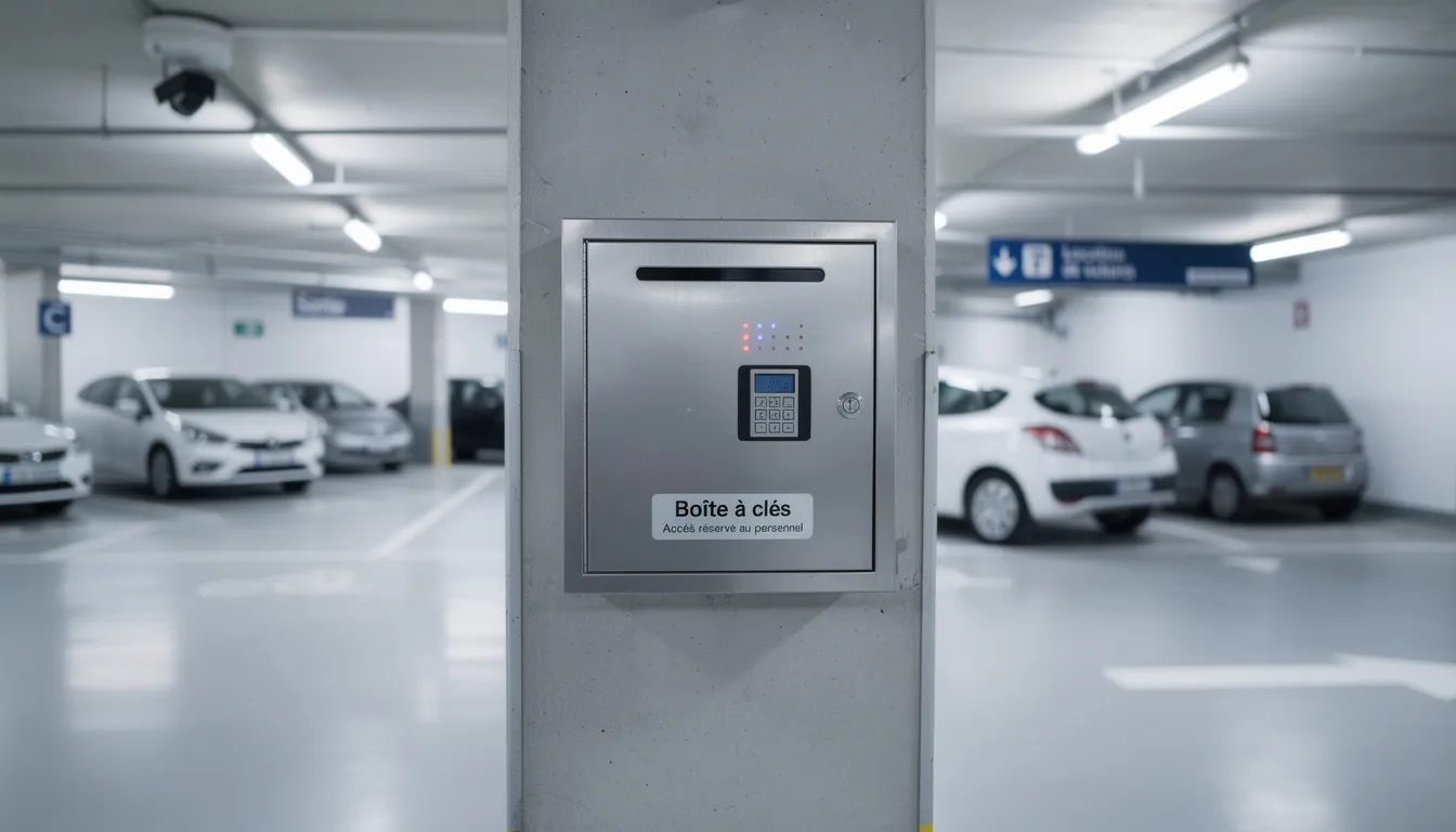 Une boîte à clés sécurisée est installée dans un parking de location de voitures, permettant aux locataires de restituer facilement leur véhicule. Cette boîte est essentielle pour assurer un retour sans souci, en respectant les conditions de location et en évitant des frais de retard.