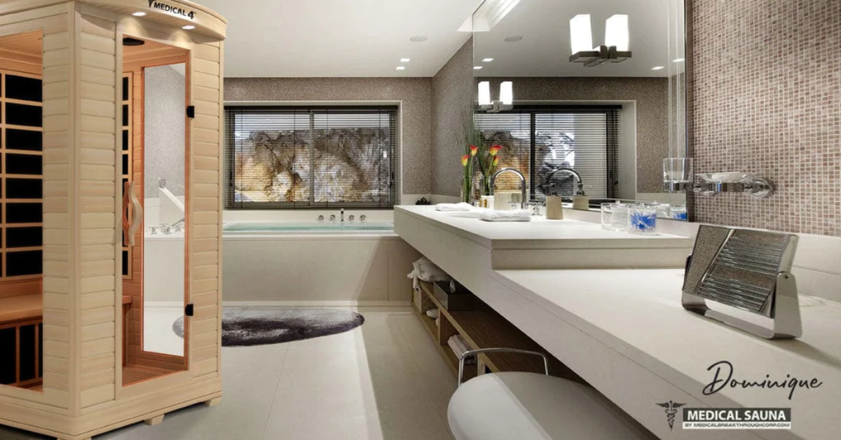 An Indoor sauna, expertly placed inside of a luxurious bathroom.