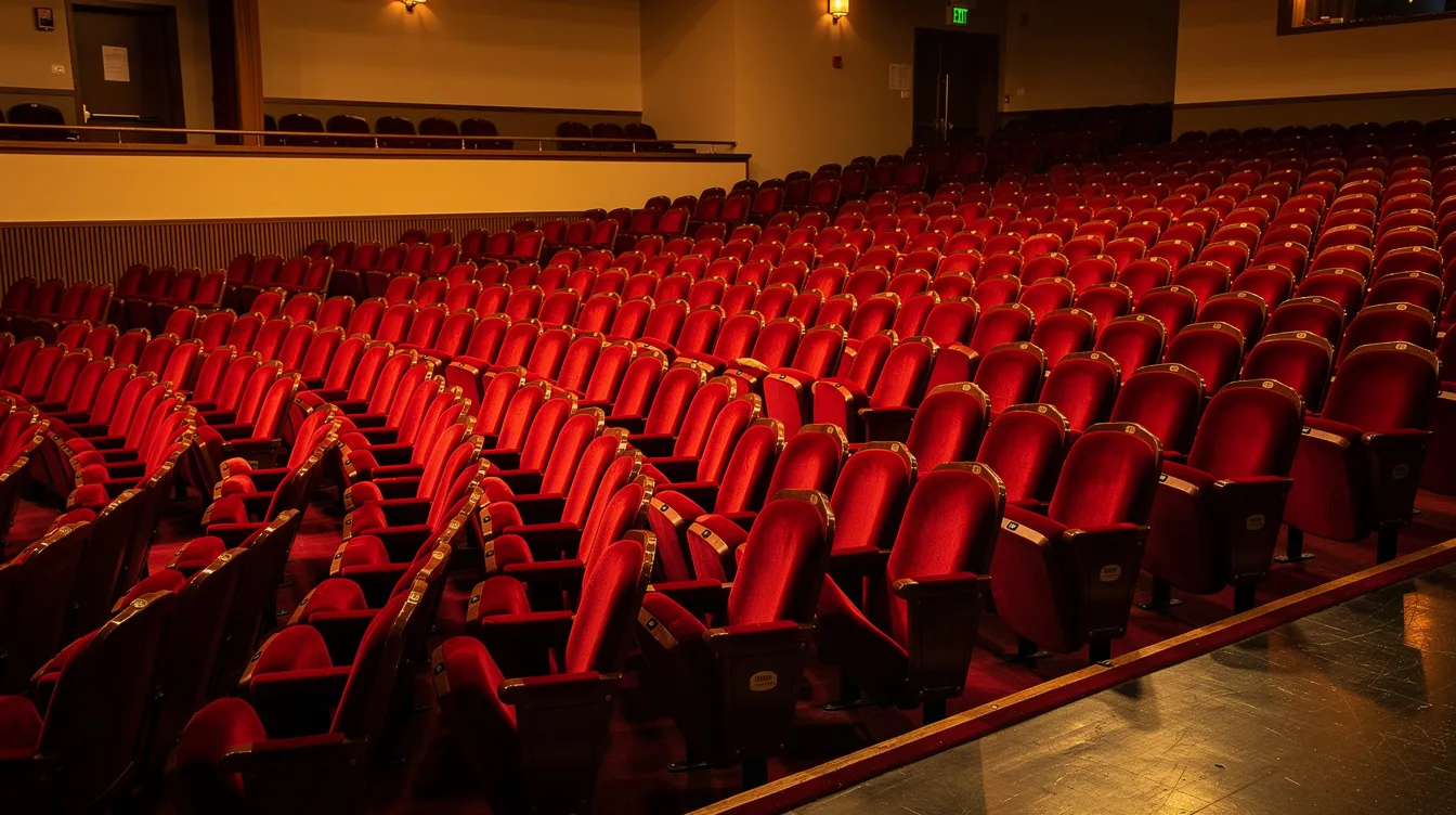 The image shows a row of empty red theatre seats viewed from the stage, with the house lights illuminated, creating a serene atmosphere in anticipation of the next event. This setting highlights the importance of effective ticket sales and management in the event business.