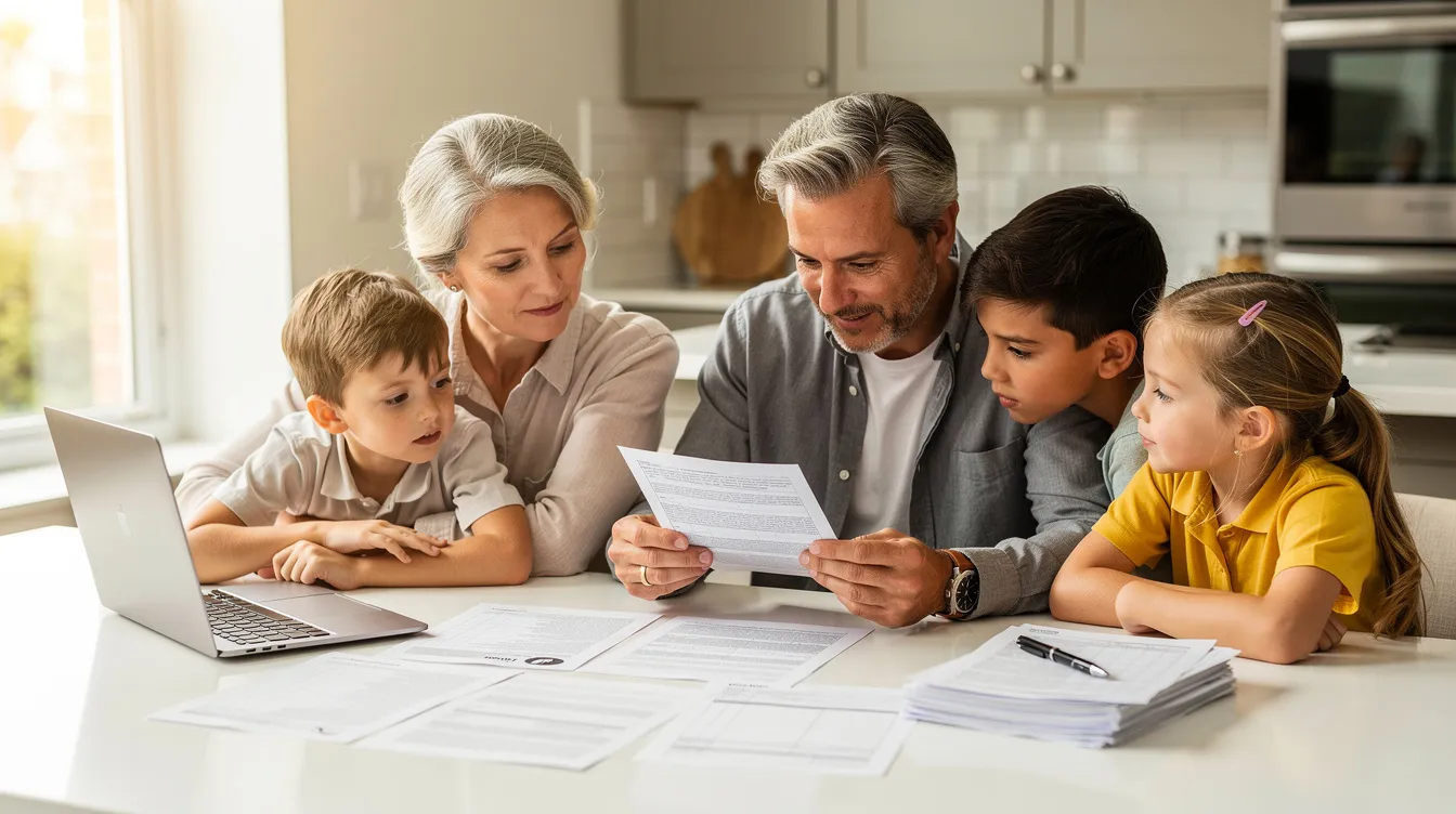 Family reviewing probate documents and deceased person’s assets, including real estate and personal property, discussing asset distribution, ownership, and common challenges in estate planning