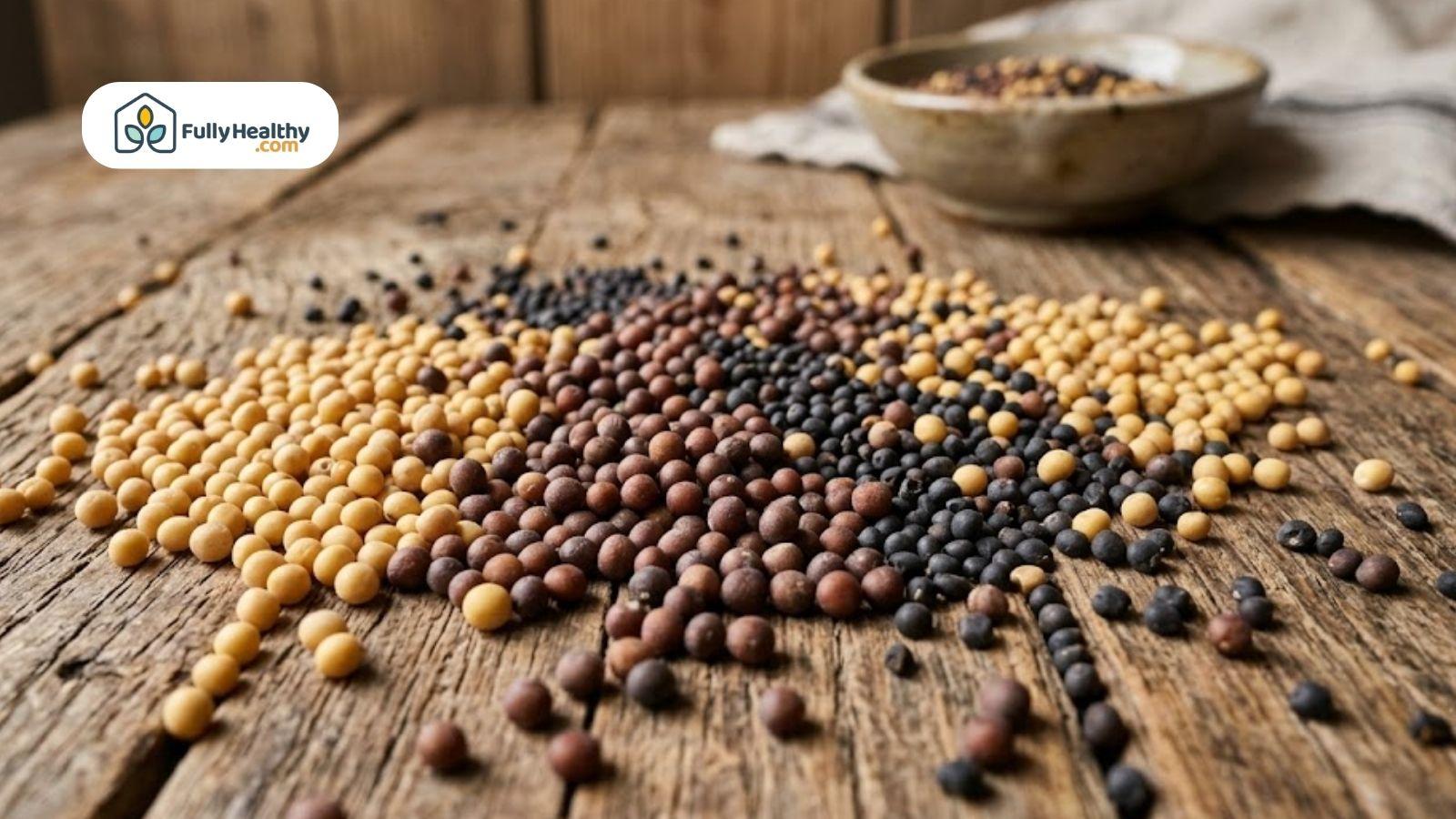 Yellow, brown, and black mustard seeds displayed on a rustic wooden table.