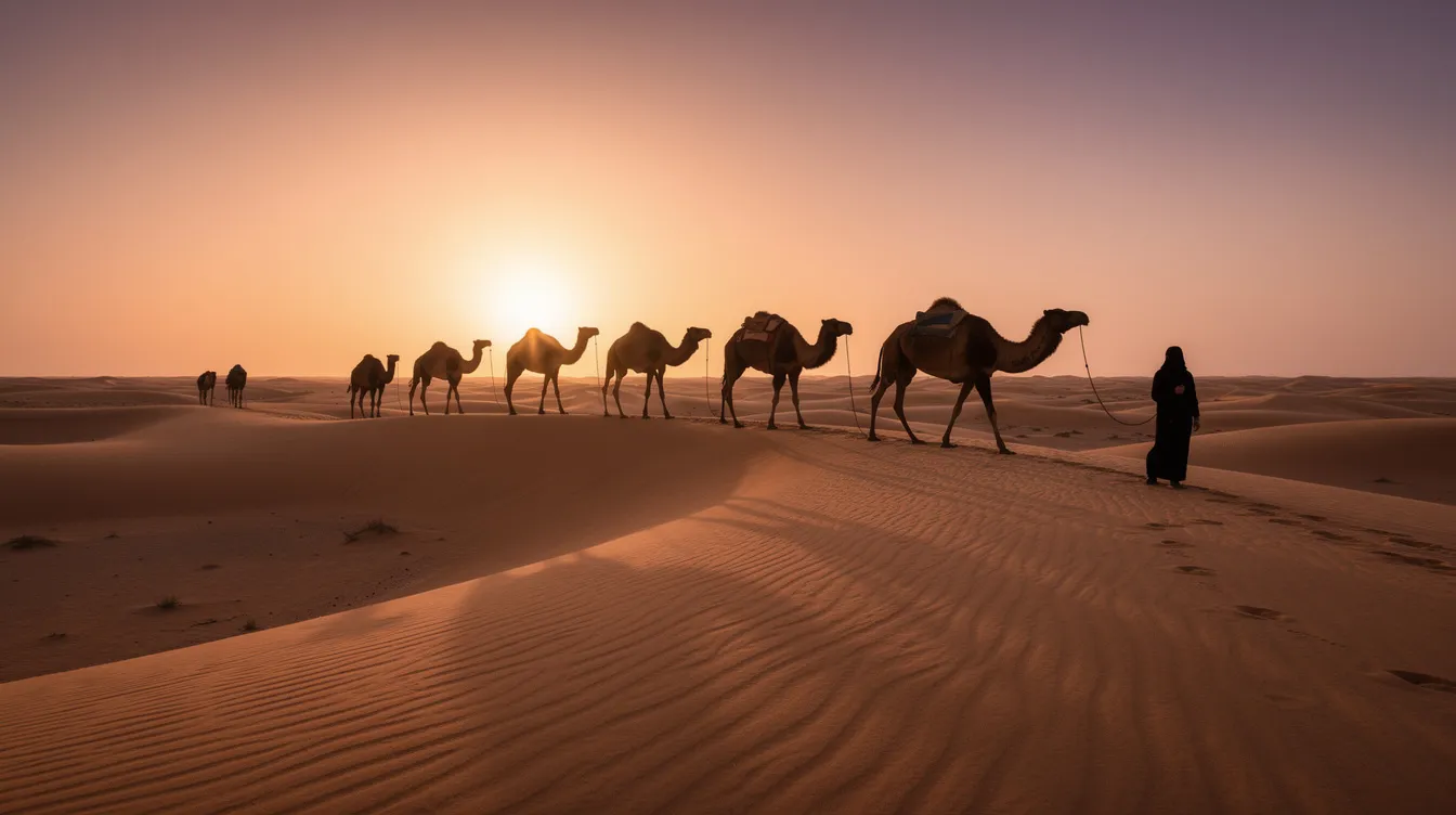 A stunning panoramic view of the golden sand dunes of the Merzouga Sahara Desert at sunset, with the silhouettes of camels gracefully walking in a line, creating a picturesque scene perfect for a memorable desert tour from Fes. The warm hues of the setting sun illuminate the dunes, enhancing the beauty of this breathtaking landscape.