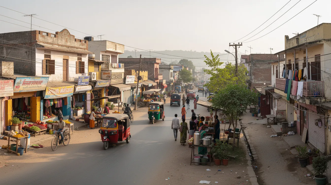 A panoramic view of a small Indian town showcases a vibrant community with various shops, including a grocery store, coffee shop, and clothing boutique, set against a backdrop of residential areas. This scene reflects the essence of small town businesses catering to local demand and fostering a strong customer base.