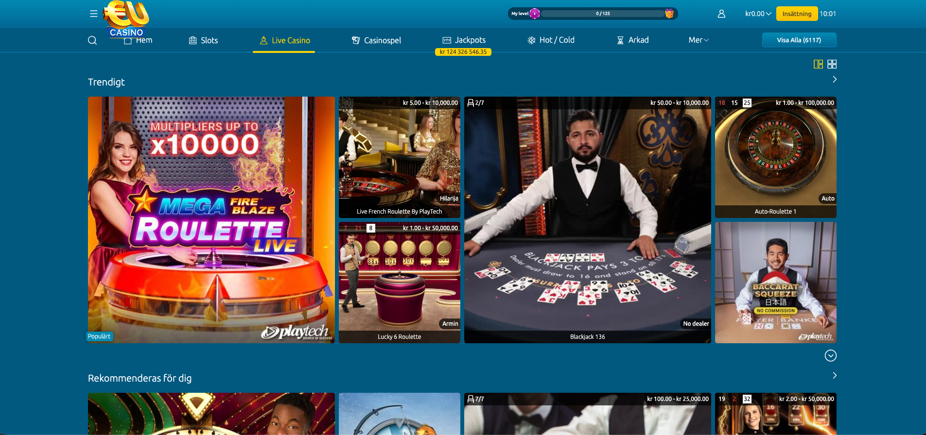 EUcasino live casino med roulette, blackjack och baccarat på online casino med svensk licens