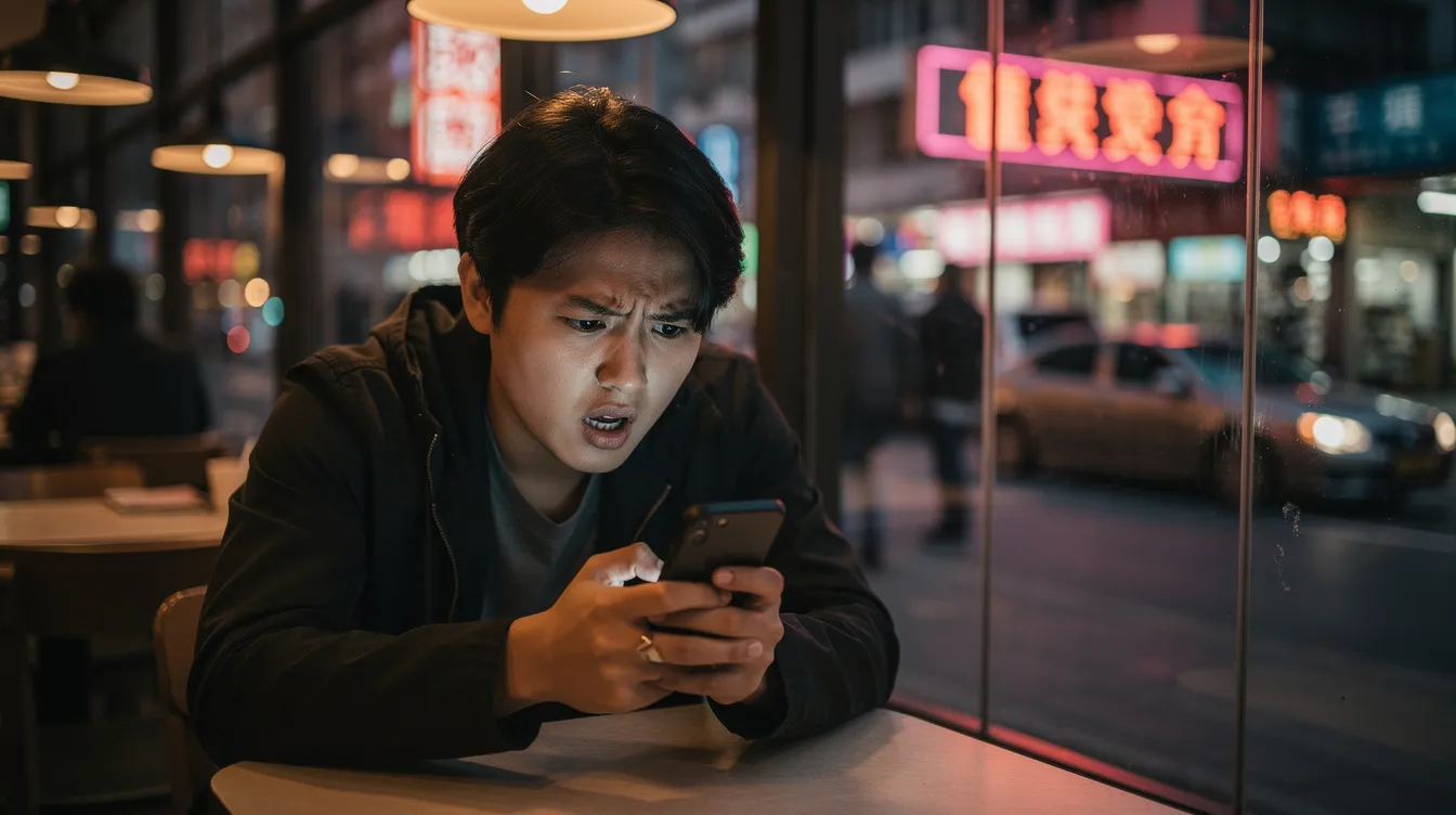 A person is sitting in a cozy Hong Kong cafe, looking at their smartphone with a concerned expression, possibly worried about a suspicious message or a potential scam involving their WhatsApp account. The atmosphere is casual, but the individual's focus on their device suggests they may be dealing with issues related to personal data security or a recent phishing attempt.