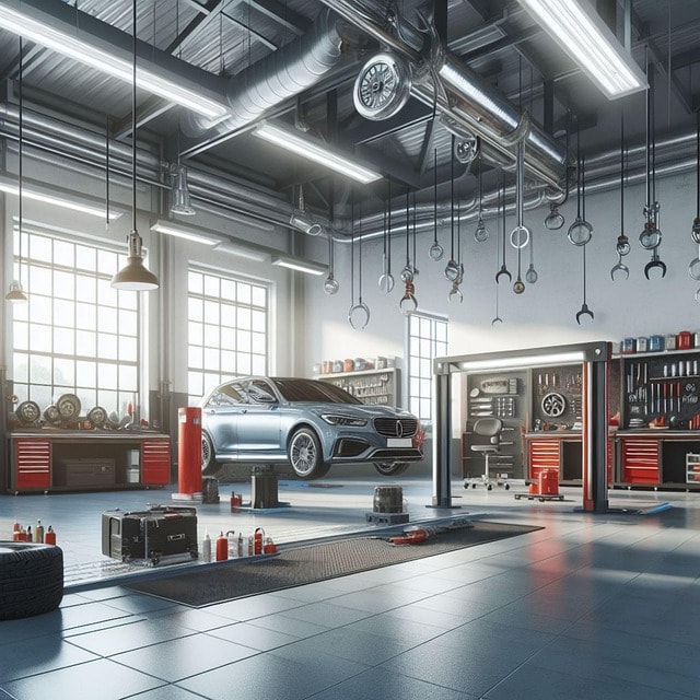 ai generated, car, workshop, repair, elevator, tools, mechanical, automobile