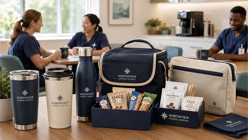 Hospital nurse gift kits including insulated drinkware, lunch bags and snack boxes for healthcare staff Christmas gifting programs