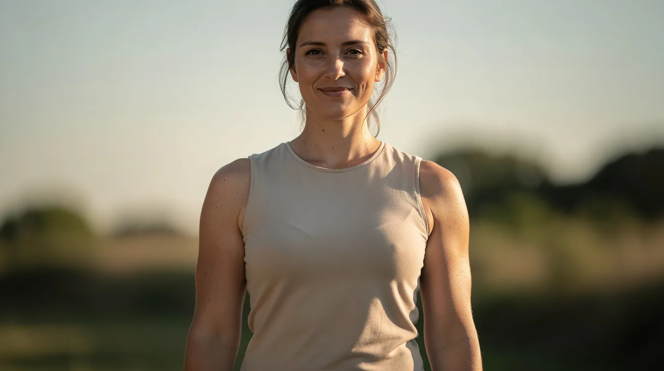 A confident person stands in natural sunlight, wearing a sleeveless top that showcases their toned arms, which are relaxed at their sides. This image reflects the positive results of an arm lift procedure, highlighting the transformation from excess skin to a more defined upper arm contour following significant weight loss.