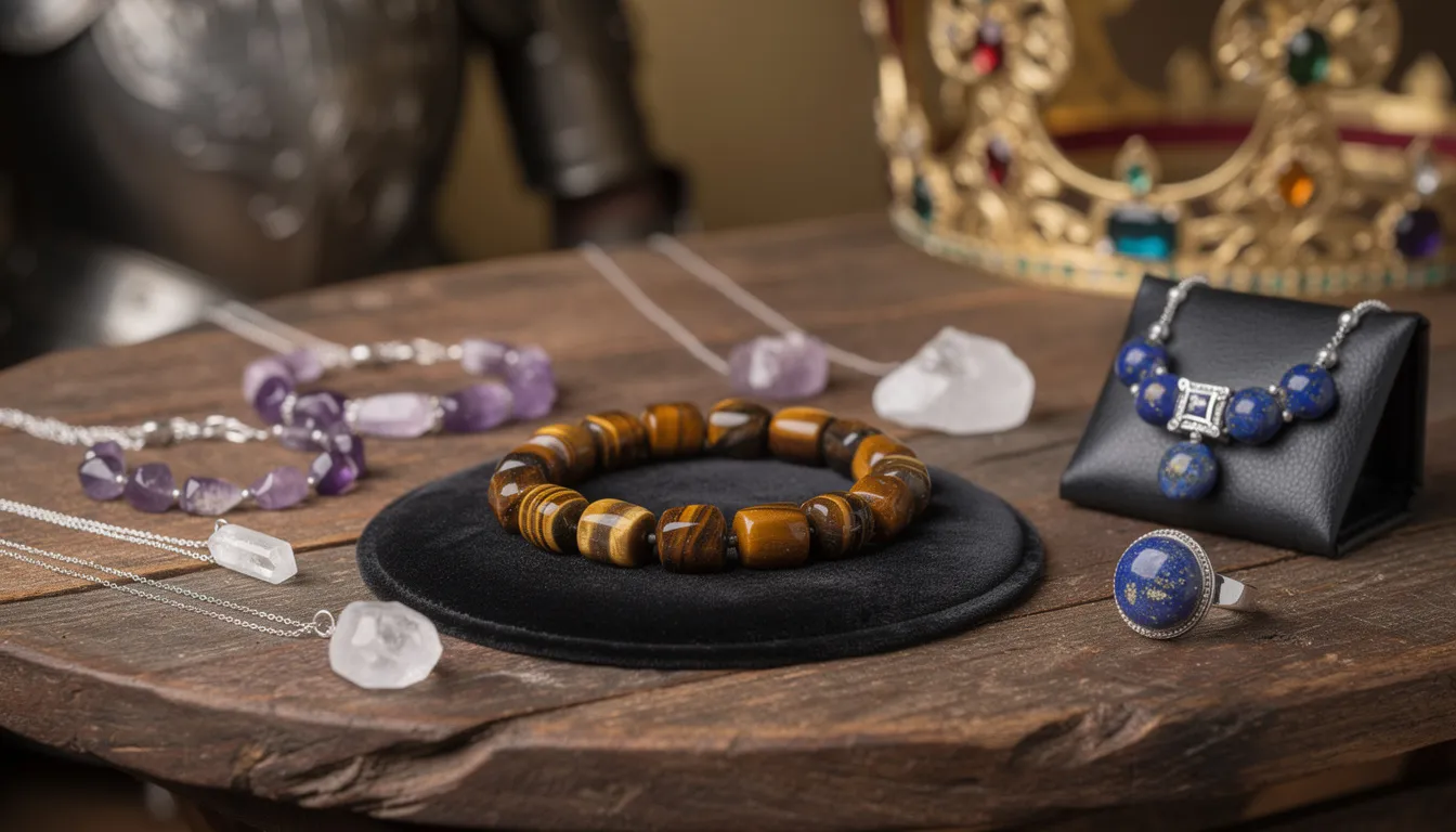 This image showcases a stunning collection of semi precious gemstone beads, including tiger eye, amethyst, and lapis lazuli, arranged beautifully for jewellery making. The vibrant colours and unique patterns of these popular gemstones highlight their appeal to jewellery makers and crafters alike.