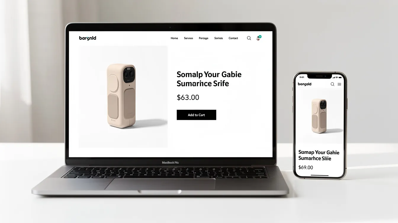 The image features a minimal eCommerce product page displayed on both a laptop and a phone, showcasing clean product photography that highlights key features. This layout is optimized for higher conversions, making it ideal for store owners using Shopify themes like Shrine Pro.