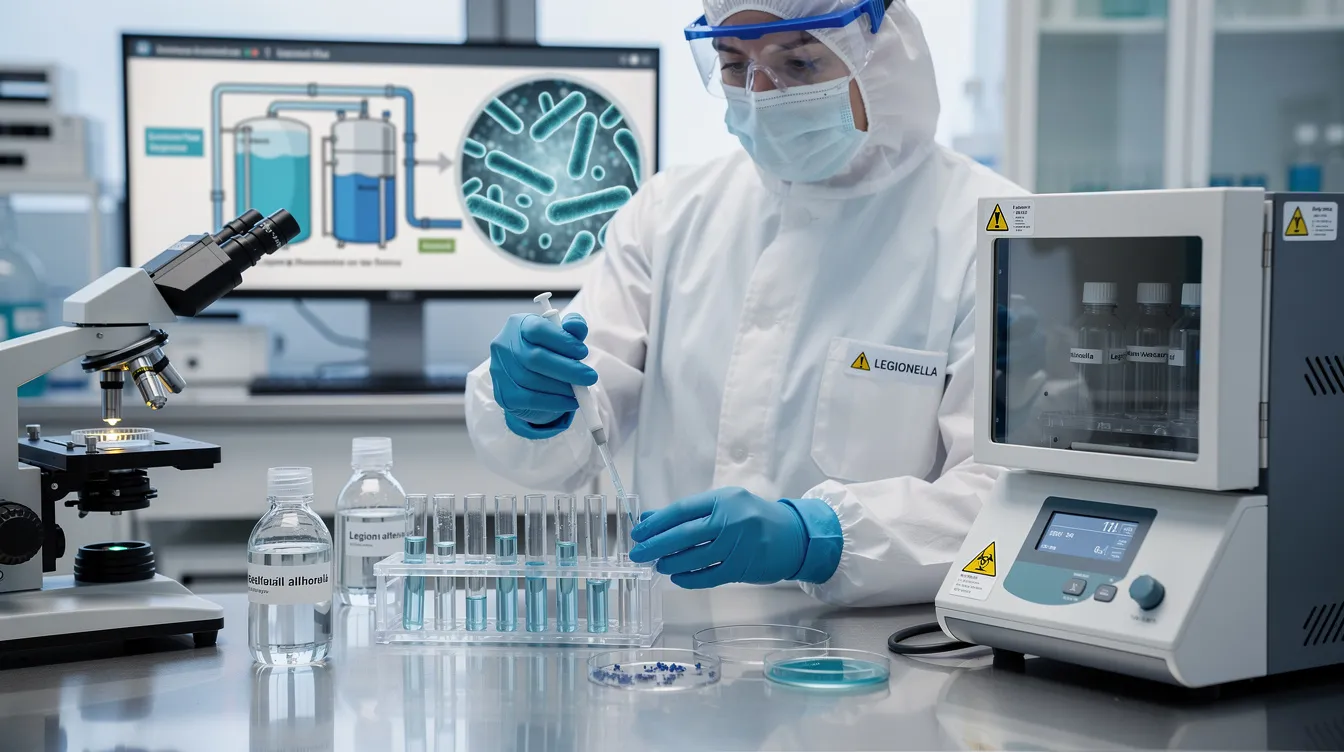 The image depicts a laboratory setting where technicians are performing legionella testing on water samples to detect the presence of legionella bacteria, specifically legionella pneumophila, which poses a health risk associated with legionnaires disease. Various test methods and diagnostic equipment are visible, emphasizing the importance of routine testing in water management programs to ensure water safety and prevent outbreaks.