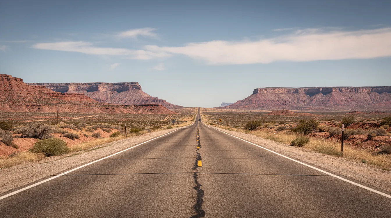 The image depicts a long highway winding through the expansive New Mexico landscape, characterized by mesas under a vast open sky. This scene reflects the environment where truck accidents can occur, emphasizing the importance of experienced truck accident lawyers for those involved in truck accident cases.