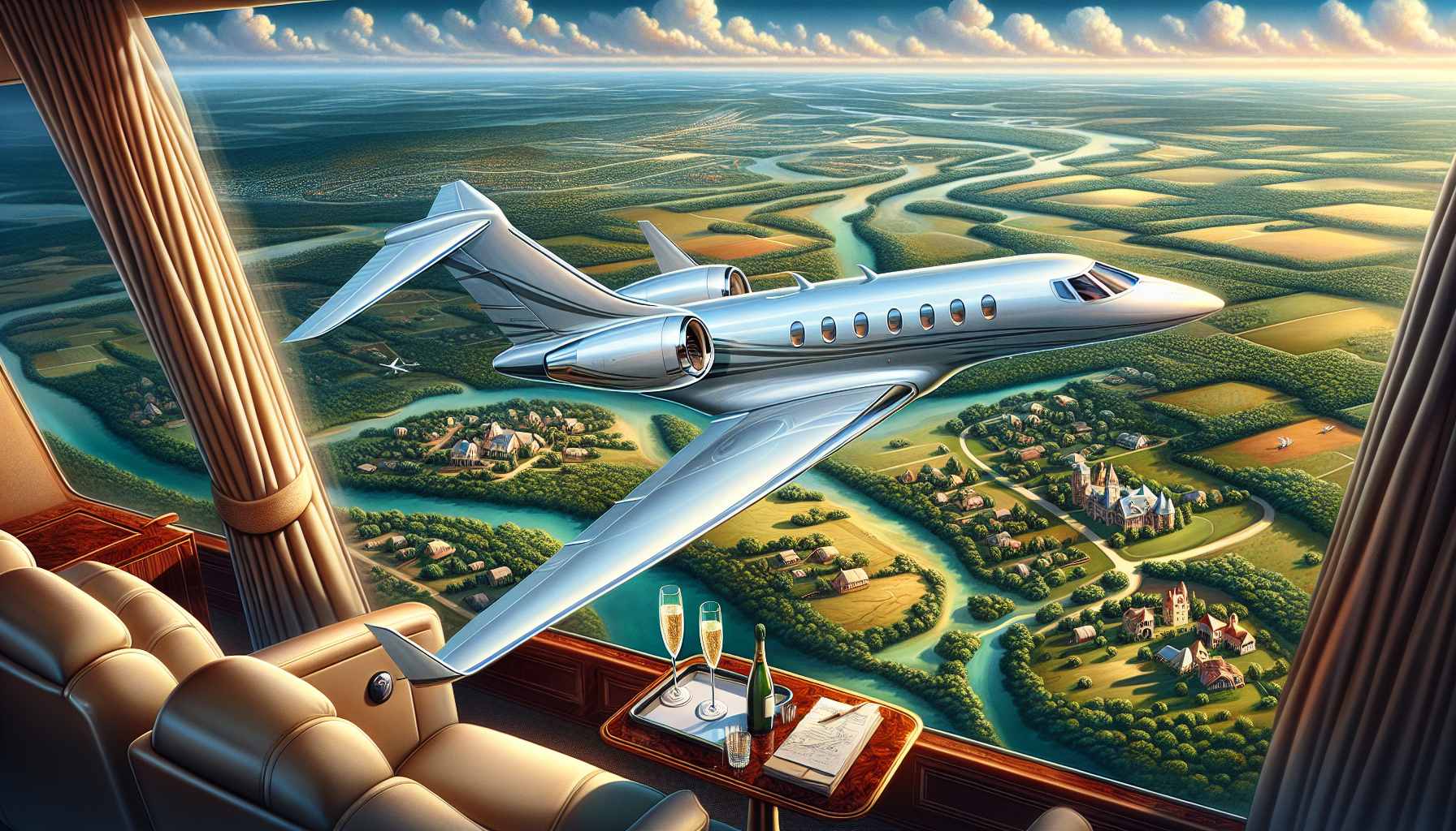 Luxurious private jet flying over scenic landscape