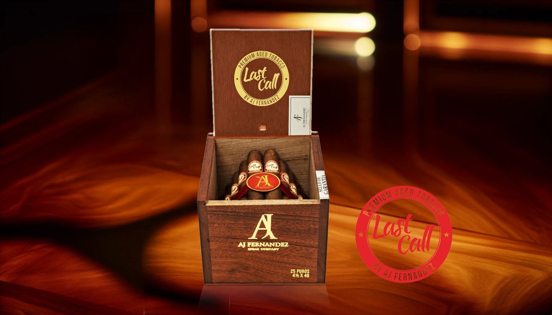 A box of AJ Fernandez Last Call cigars resting on a cedar table