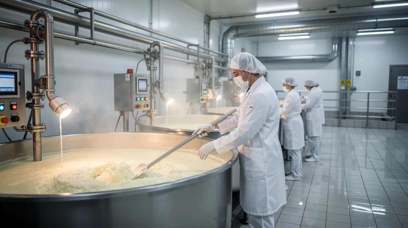 c3612429 0d84 4c04 accb 6780a6b1ebc4 The image depicts workers in white uniforms and hairnets diligently operating large stainless steel cheese vats within a dairy processing facility, highlighting the manufacturing process of processed cheese. This scene reflects the operational efficiency and detailed project report aspects of a cheese manufacturing plant.