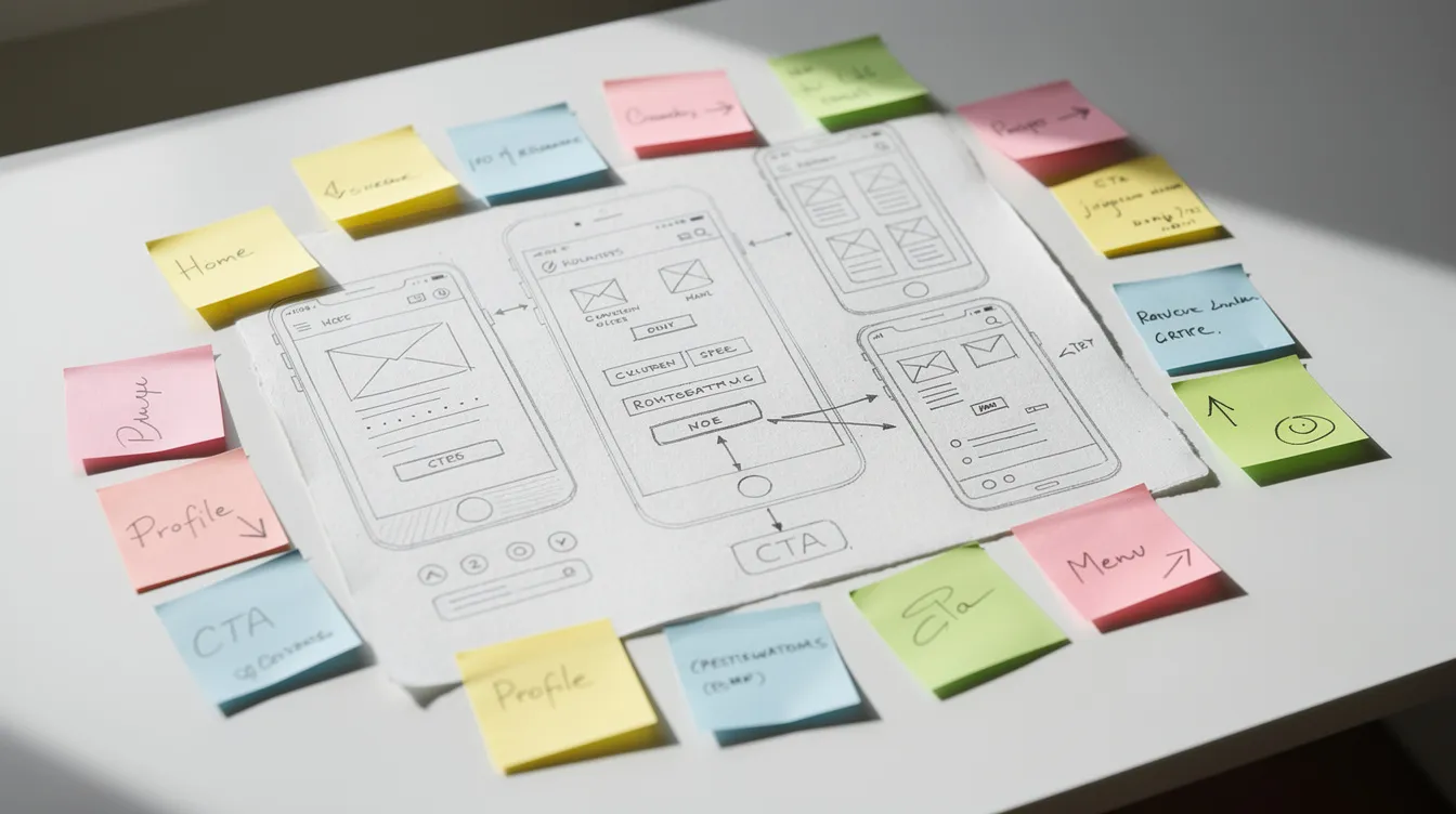 Wireframes dessinés à la main sur papier, entourés de notes autocollantes, pour préparer une application mobile.