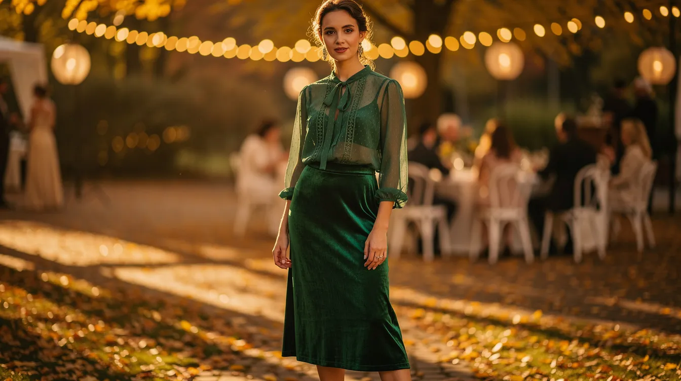 A woman stands in warm autumn light, wearing an emerald velvet midi skirt paired with a sheer blouse, exuding a chic and versatile style perfect for an evening event. Her outfit is completed with stylish ankle boots, highlighting the textures and colors of the season.