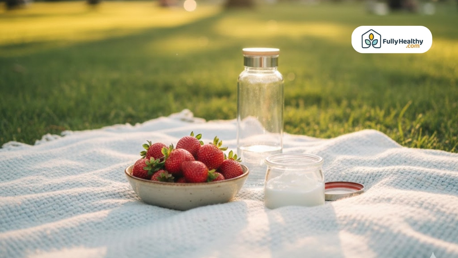 Bowl of strawberries with yogurt and water bottle on picnic blanket in park