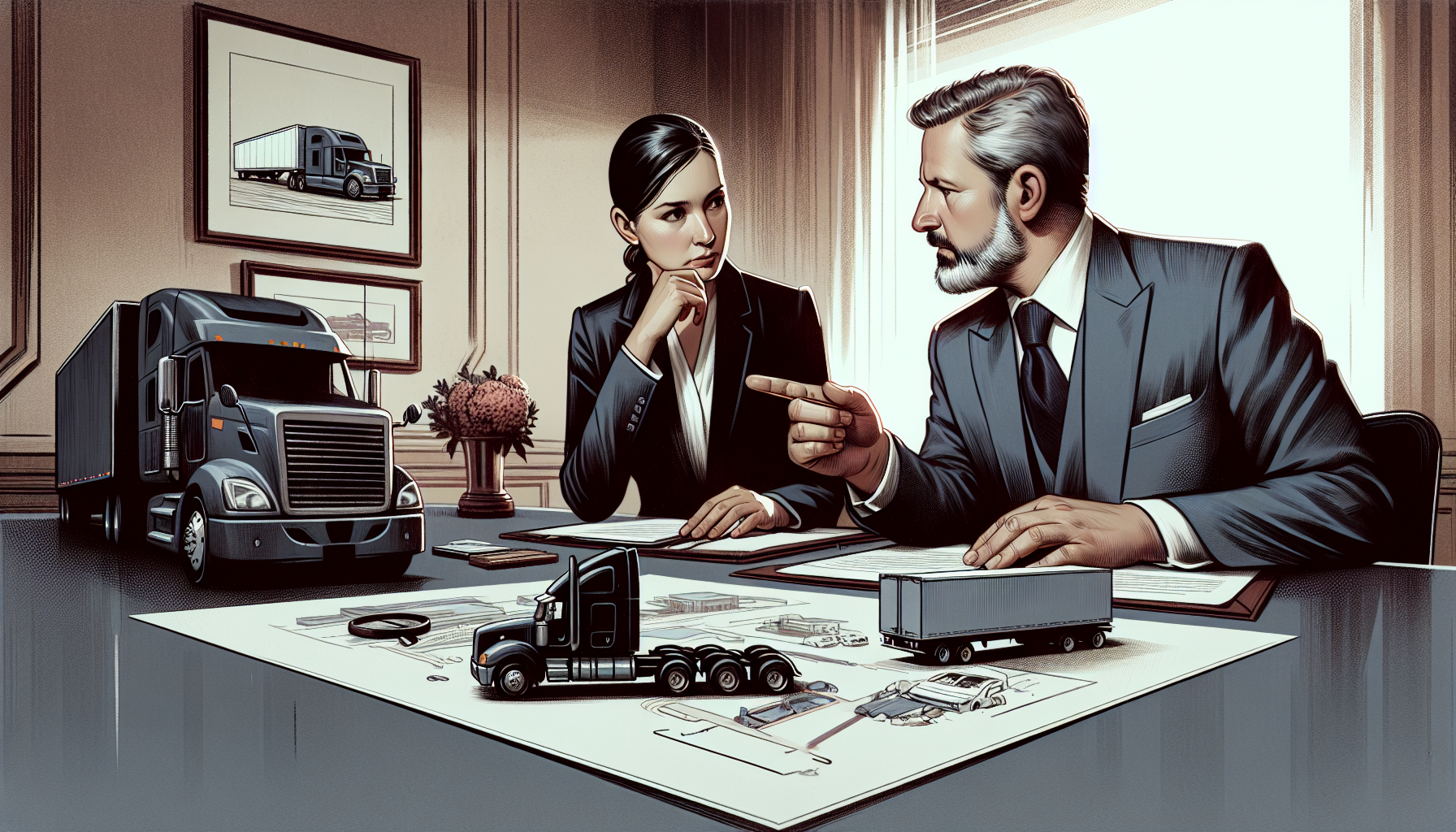 Illustration of a lawyer discussing a truck accident case with a client