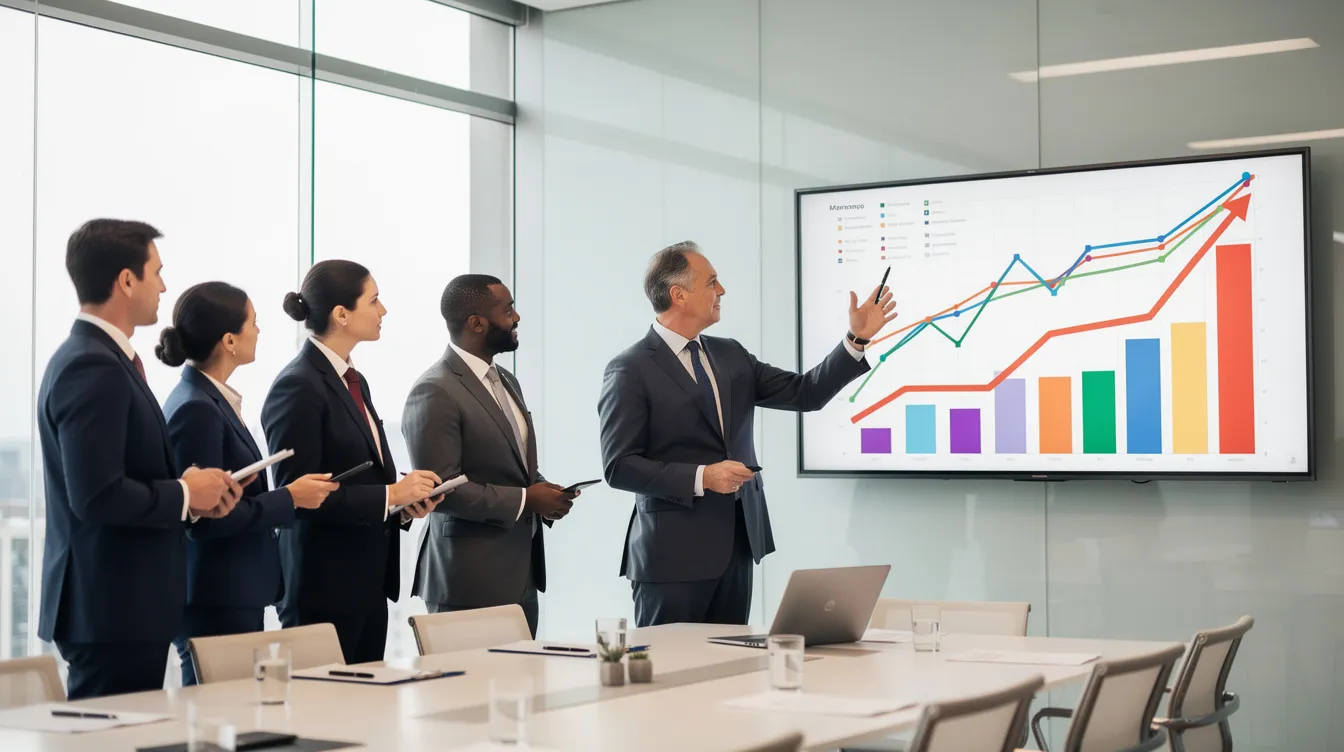 Des professionnels discutent devant un écran affichant des graphiques de performance d'une flotte de voitures.
