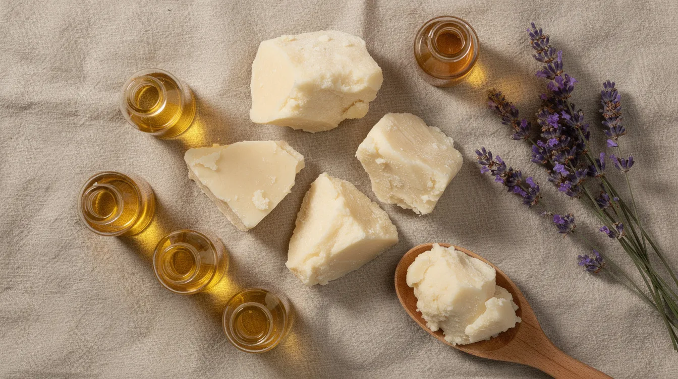 A flatlay showcases raw unrefined shea butter chunks alongside small bottles of golden carrier oils, including sweet almond and olive oil, complemented by a sprig of lavender and a wooden measuring spoon, all arranged on a soft linen cloth. This image highlights the natural ingredients used in creating rich moisturizers and body butters for sensitive and dry skin.