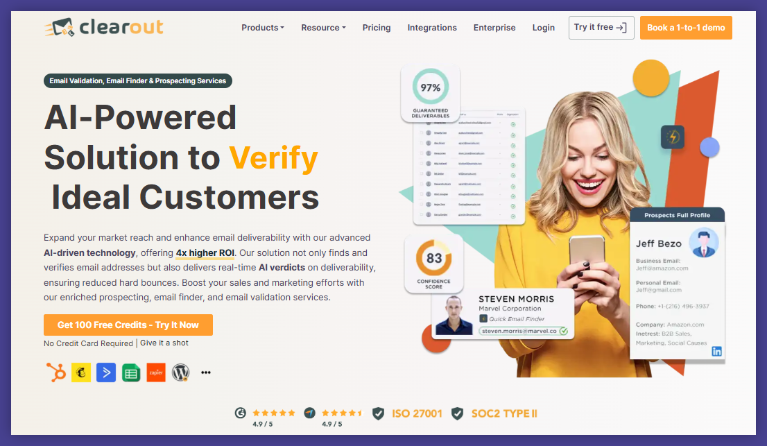 Clearout homepage, an email verification system to improve deliverability, catch all addresses, detects spam traps and more.