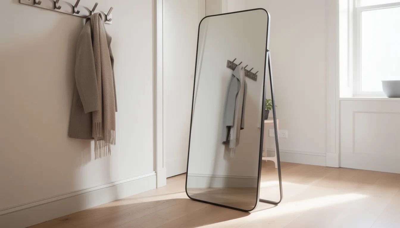 En fristående helfigursspegel står i en ljus hall, där väggspegeln reflekterar omgivningen. På väggen finns även klädhängare som bidrar till inredningen och skapar en praktisk och snygg rymd.