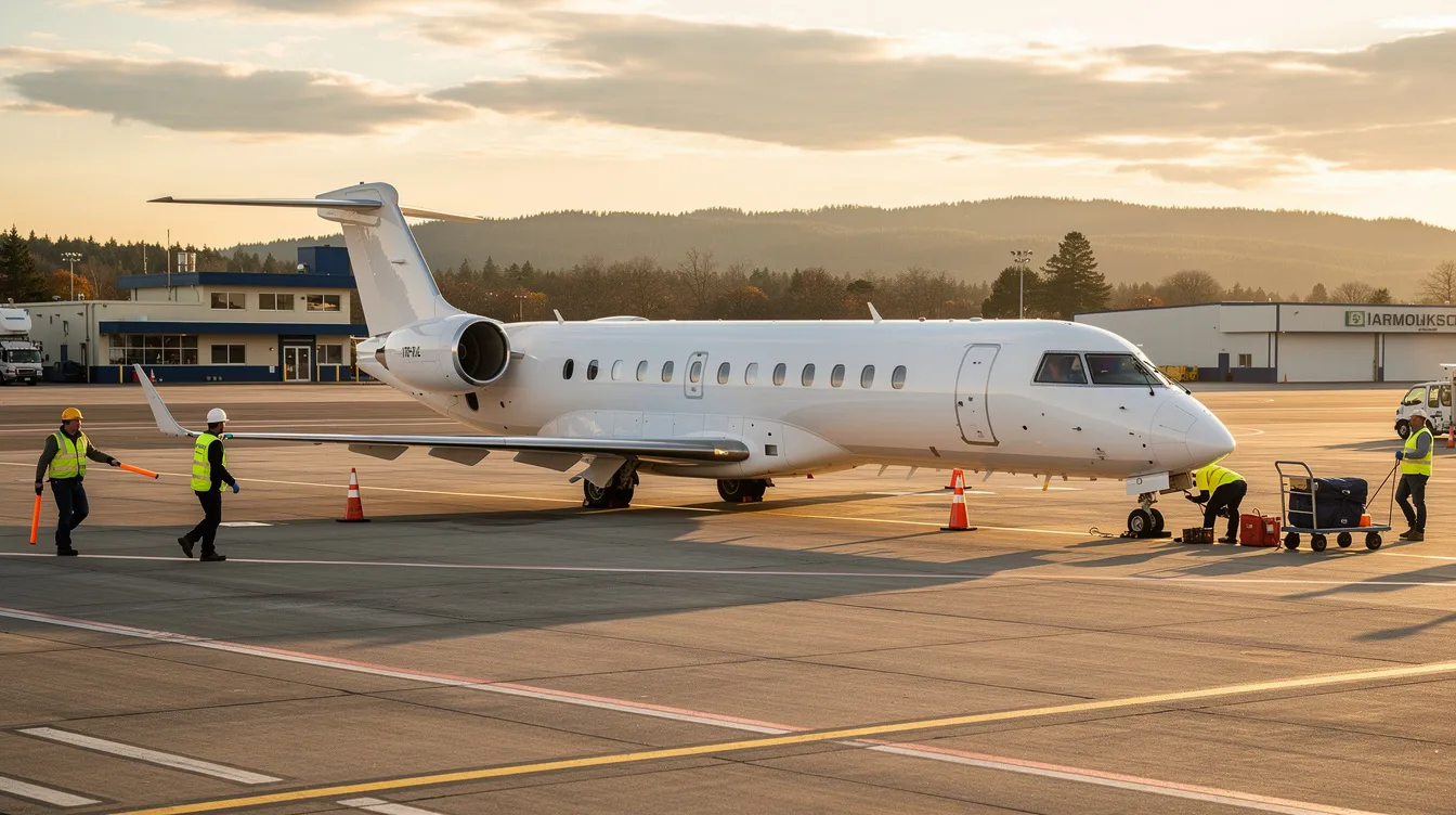 A small regional jet is parked on the tarmac at a regional airport, with ground crew members visible nearby, preparing for the next flight. This scene highlights the aviation industry, where experienced pilots play a crucial role in operating complex aircraft for regional airlines.