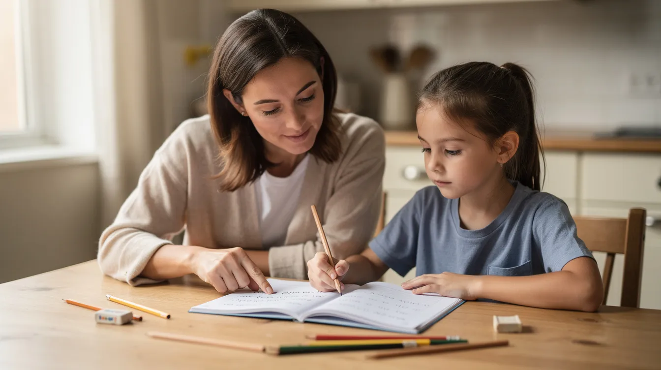 A parent and a young child sit side by side at a table, engaged in a calm discussion while looking at a school exercise book together, providing a safe space for learning and exploring concepts. This scene highlights the importance of parental support in helping children cope with challenges related to learning disabilities and building their self-esteem in the school environment.