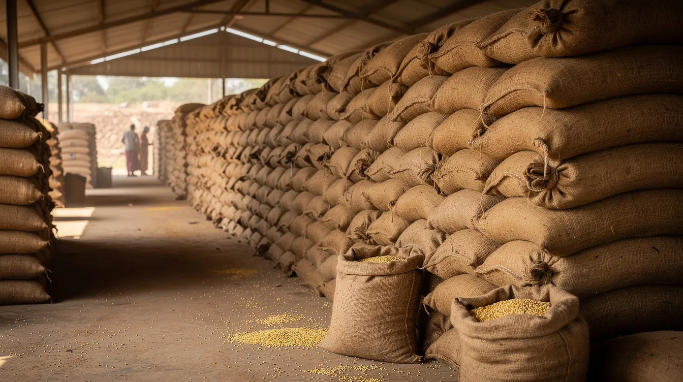 The image depicts an agricultural market scene featuring rows of jute bags filled with grain stacked neatly under a covered shed, highlighting the raw materials essential for poha manufacturing. The setting conveys a bustling environment where rice grains and other agricultural products are prepared for processing, showcasing the importance of the poha industry in meeting market demand.