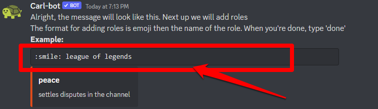 Picture showing you how to type your reaction roles name on Discord