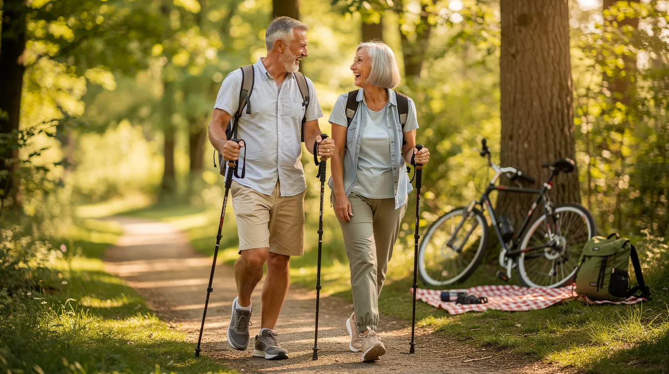A retired couple is happily engaging in outdoor activities together, showcasing their enjoyment of leisure time after years of work, supported by their retirement savings and pension benefits. They exemplify the fulfillment that comes with guaranteed retirement income, allowing them to explore new adventures in their golden years.