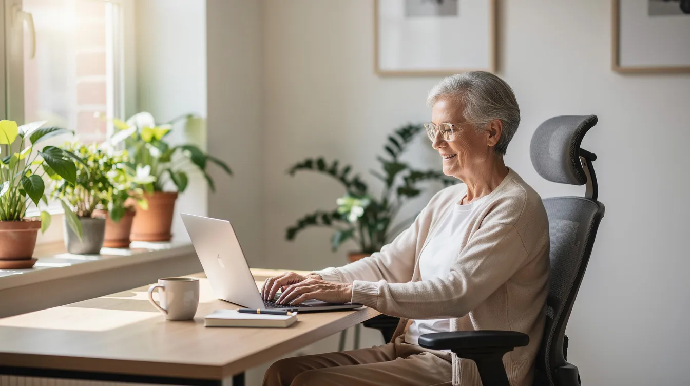 An older adult is comfortably working at a laptop in a bright home office filled with plants and natural light, embodying the essence of post-retirement work while pursuing new interests and maintaining a healthy daily routine. The space reflects a sense of well-being, emphasizing the importance of financial security and the joy of engaging in part-time work.