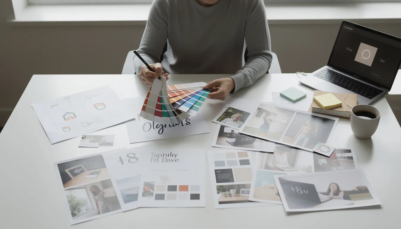 A person is focused at a desk, surrounded by vibrant color swatches and brand mood boards, reflecting their efforts in wellness branding and brand identity development. This workspace symbolizes the transformative power of health and wellness marketing materials aimed at enhancing emotional connection with customers.