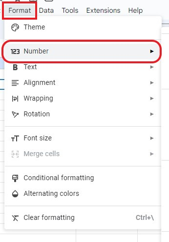 Move your cursor to the Format tab, then move it to the Number options.
