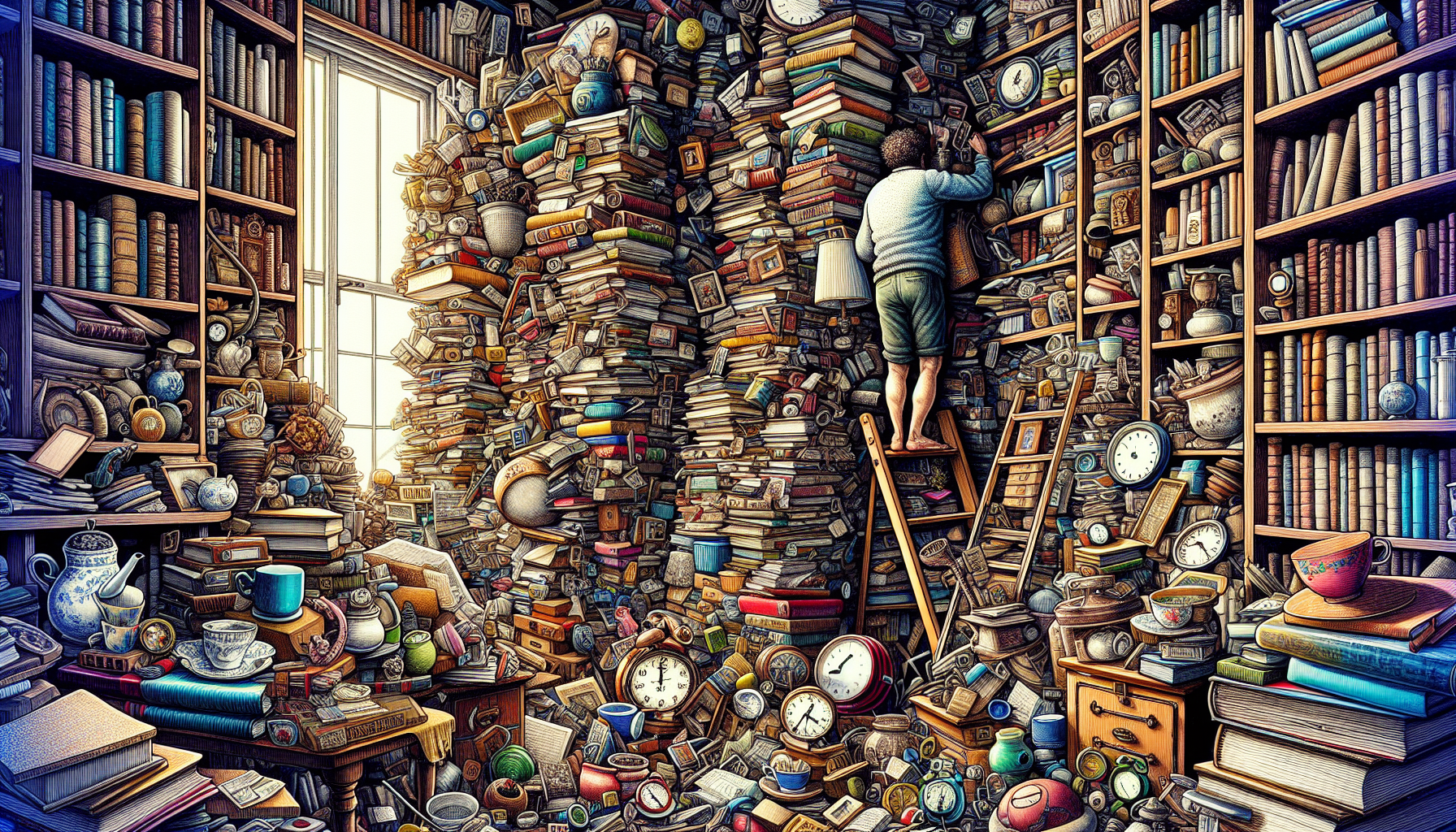 Illustration d'une personne accumulant des objets de manière désorganisée