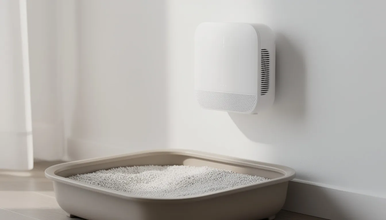 Een compacte witte luchtreiniger is gemonteerd nabij een kattenbak, ontworpen om de penetrante geur van kattenurine te neutraliseren. Het apparaat maakt gebruik van een actief zuurstof ontledingsproces om geurmoleculen te ontleden en zorgt zo voor frisse lucht in de kamer.