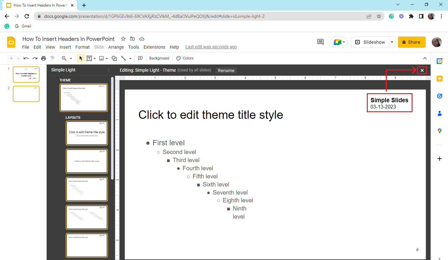 Typie your desired text you want to appear in your header and click the exit button of your "Master Editor" view.