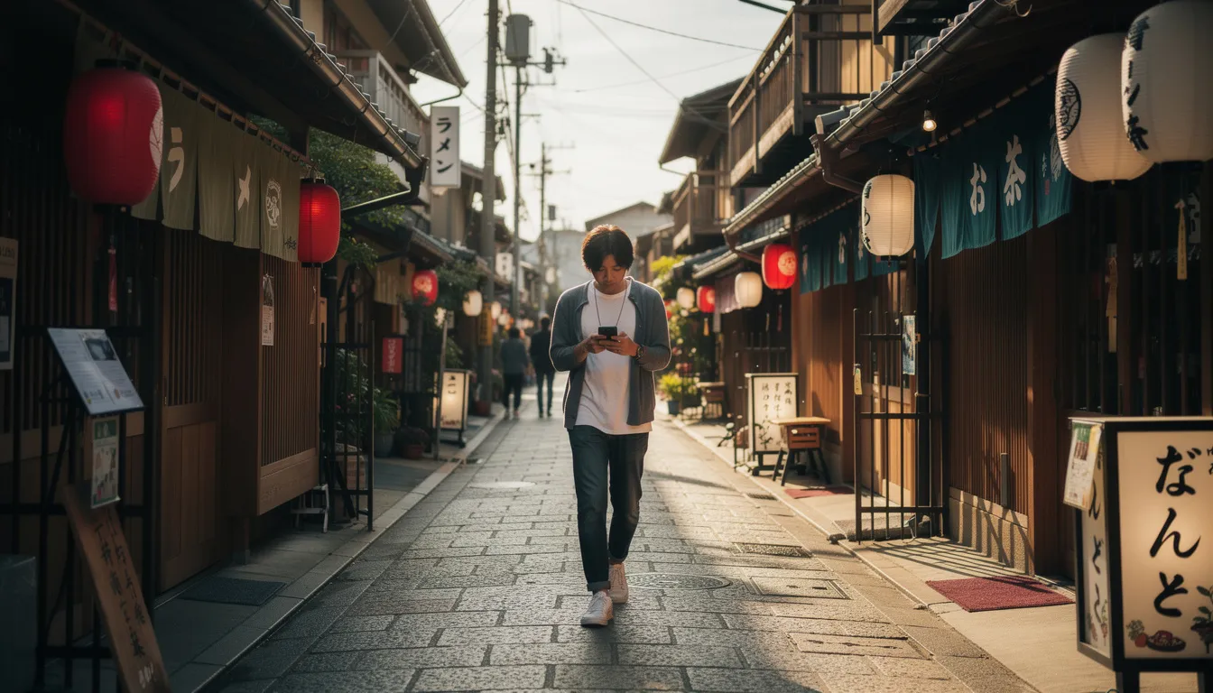 A person is walking along a traditional Japanese street lined with shops, checking their phone for directions or information, possibly using Google Maps to explore the area. The scene captures the blend of modern technology, like mobile data plans and eSIM options, with the rich cultural backdrop of Japan.