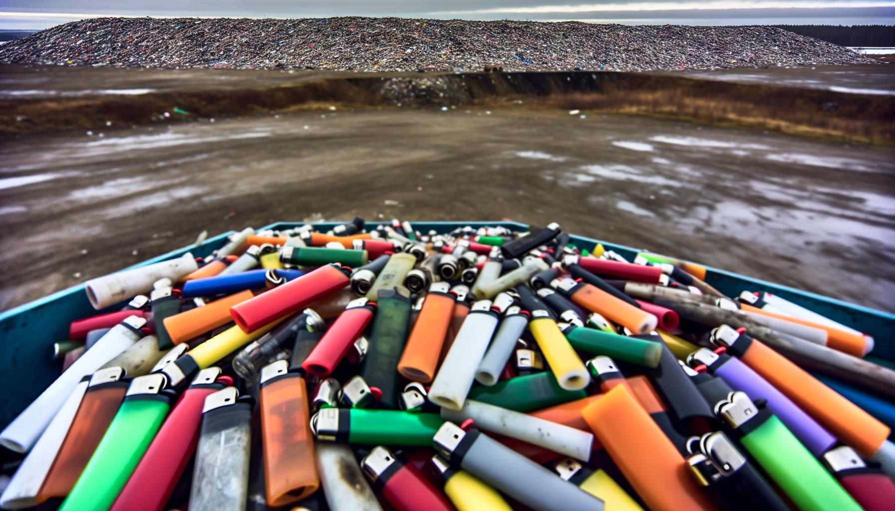 A pile of disposed lighters in a landfill