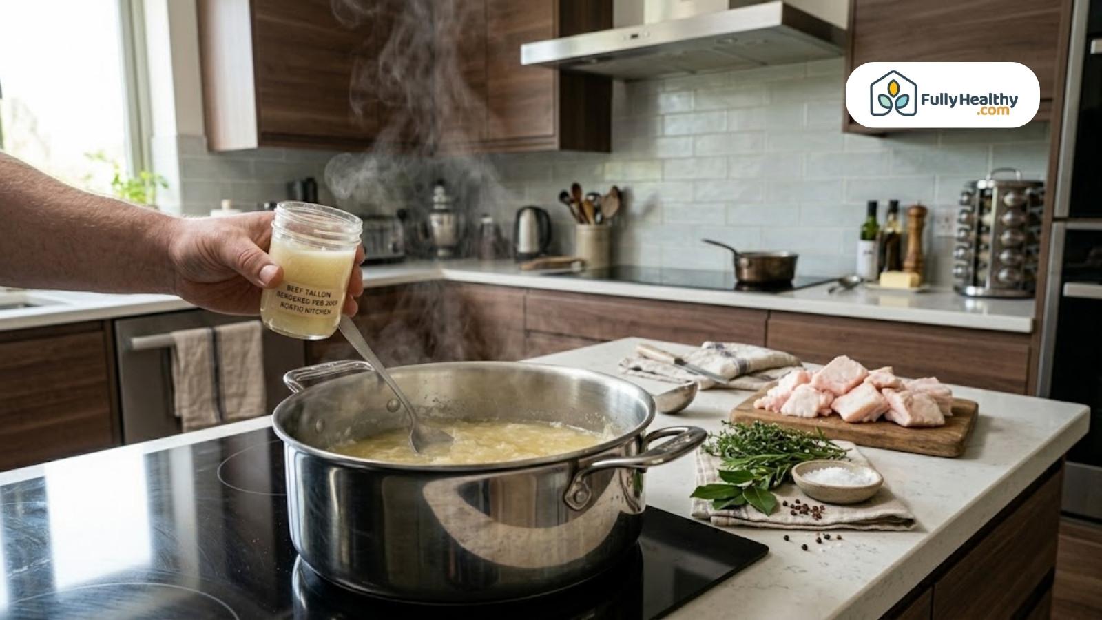Pouring melted beef tallow into pan while cooking in modern kitchen