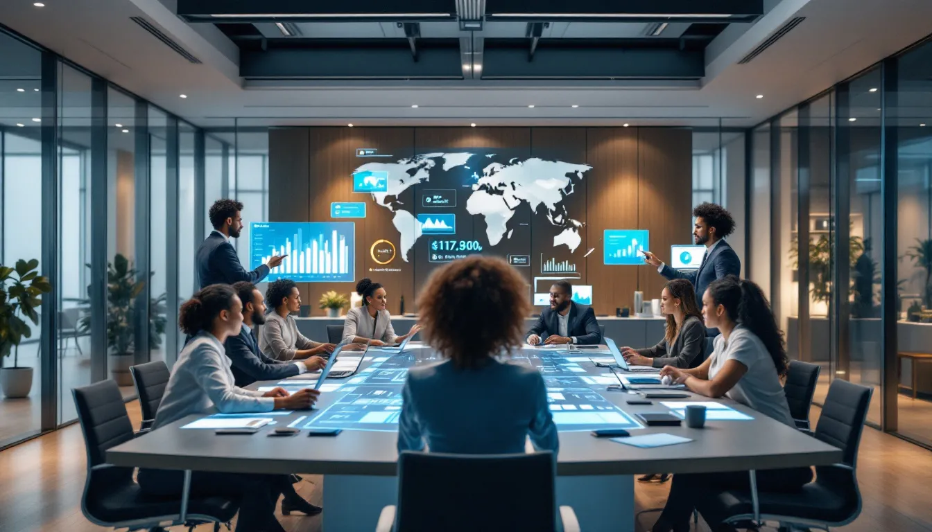 In a modern workplace setting, senior leaders are collaborating with diverse global teams while utilizing advanced technology to enhance their leadership skills. This dynamic environment fosters organizational success through effective decision-making and innovative strategies aimed at driving business outcomes.