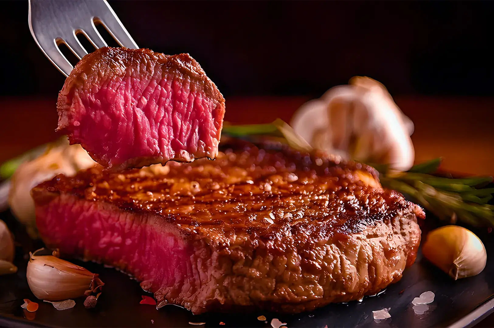 A juicy, medium-rare steak on a fork, showcasing its pink center. Surrounded by garlic cloves and rosemary, creating a warm, appetizing tone.