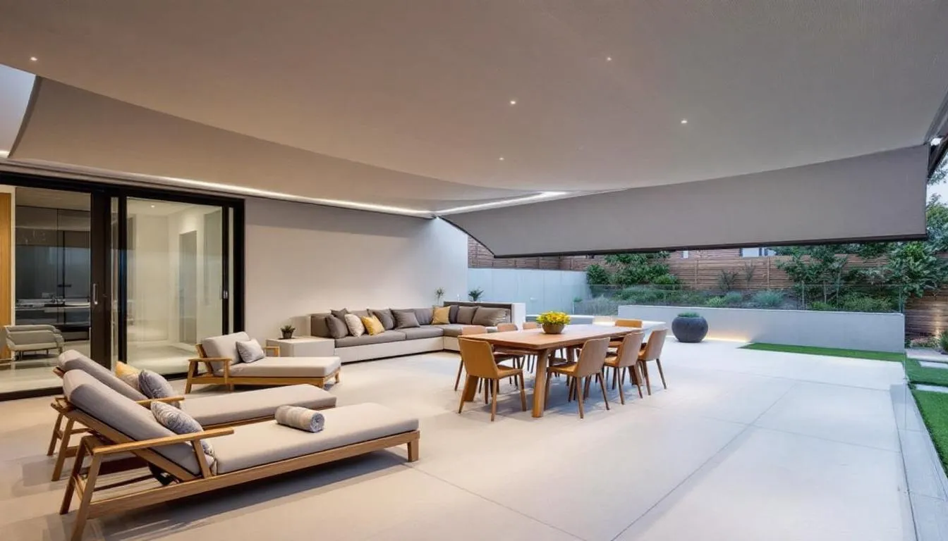 A modern patio features retractable shades that provide comfort and protection from the winds, creating an inviting outdoor living space perfect for enjoying the months ahead. This stylish area allows you to choose the ideal amount of sunlight and shade at any time.