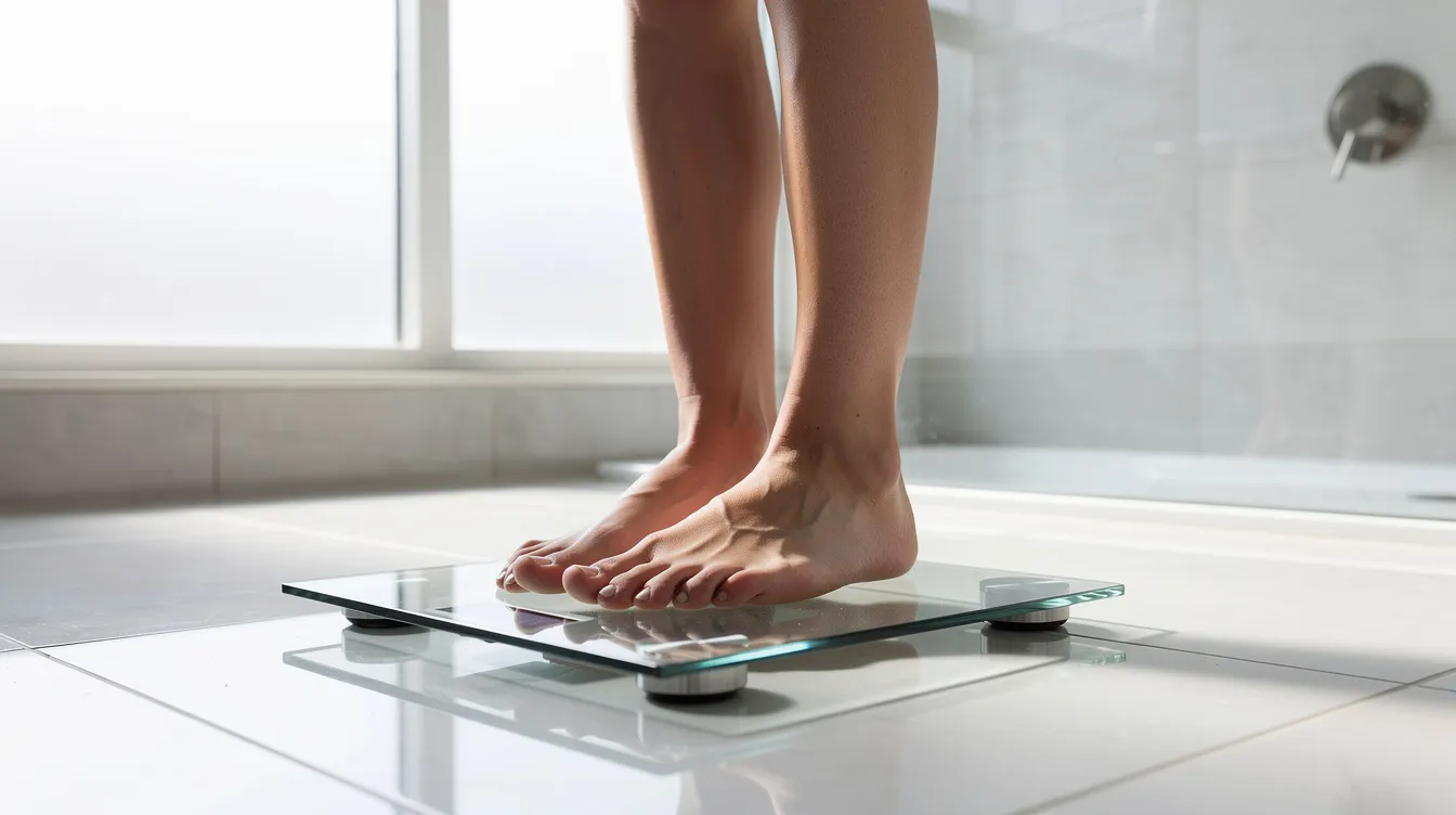 A person stands barefoot on a sleek digital weighing scale in a bright modern bathroom, ready to measure their weight accurately. The advanced weighing scale features high precision sensors, providing reliable readings to help track fitness goals and body mass index.