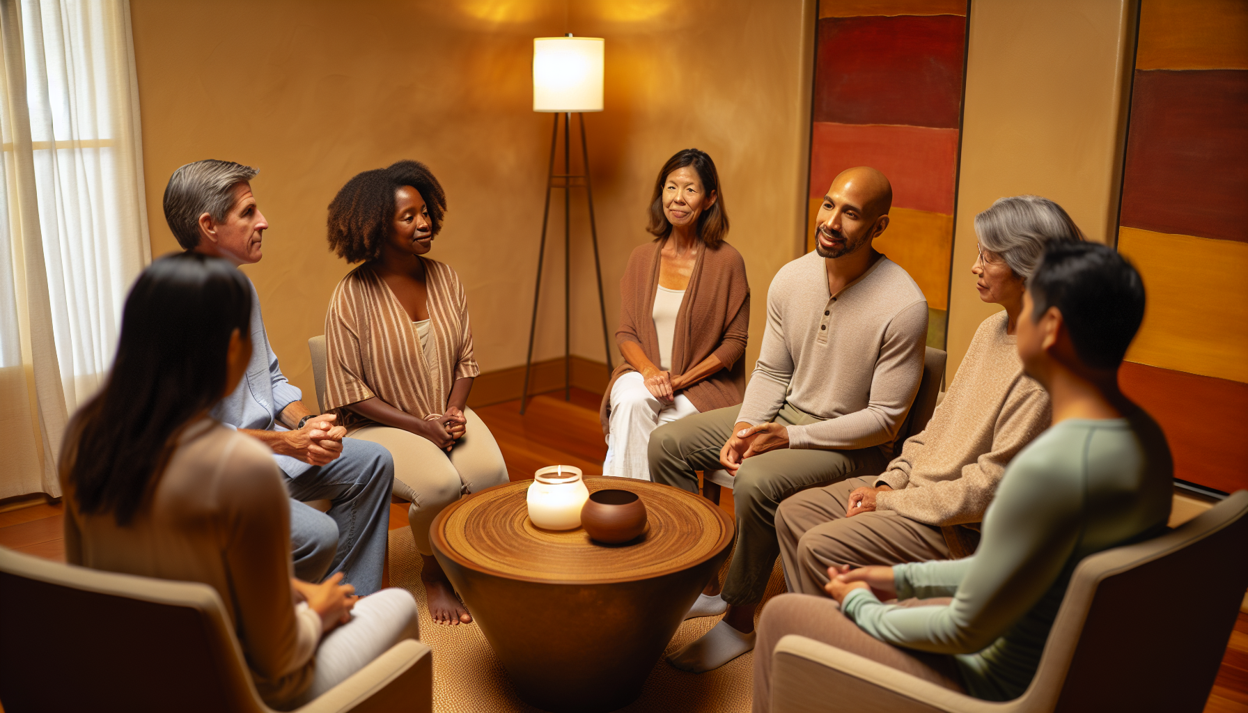 Group of diverse individuals engaged in a mindfulness discussion