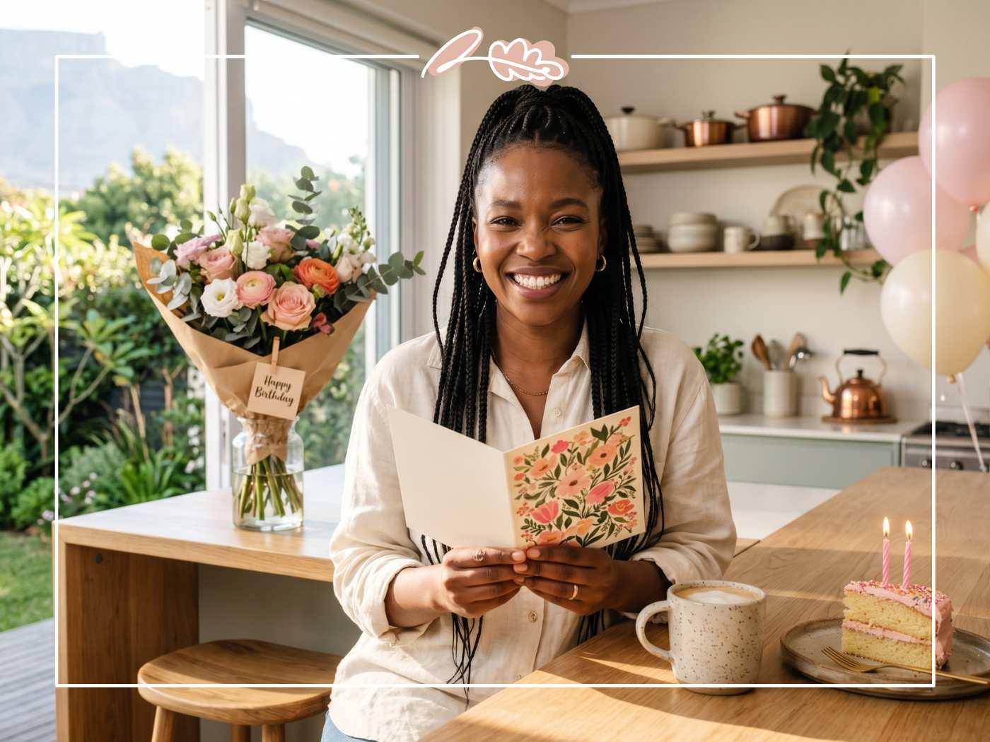 Smiling Black South African woman holding an open floral birthday card next to a luxury pink rose and ranunculus bouquet from Fabulous Flowers in a sunlit Cape Town kitchen