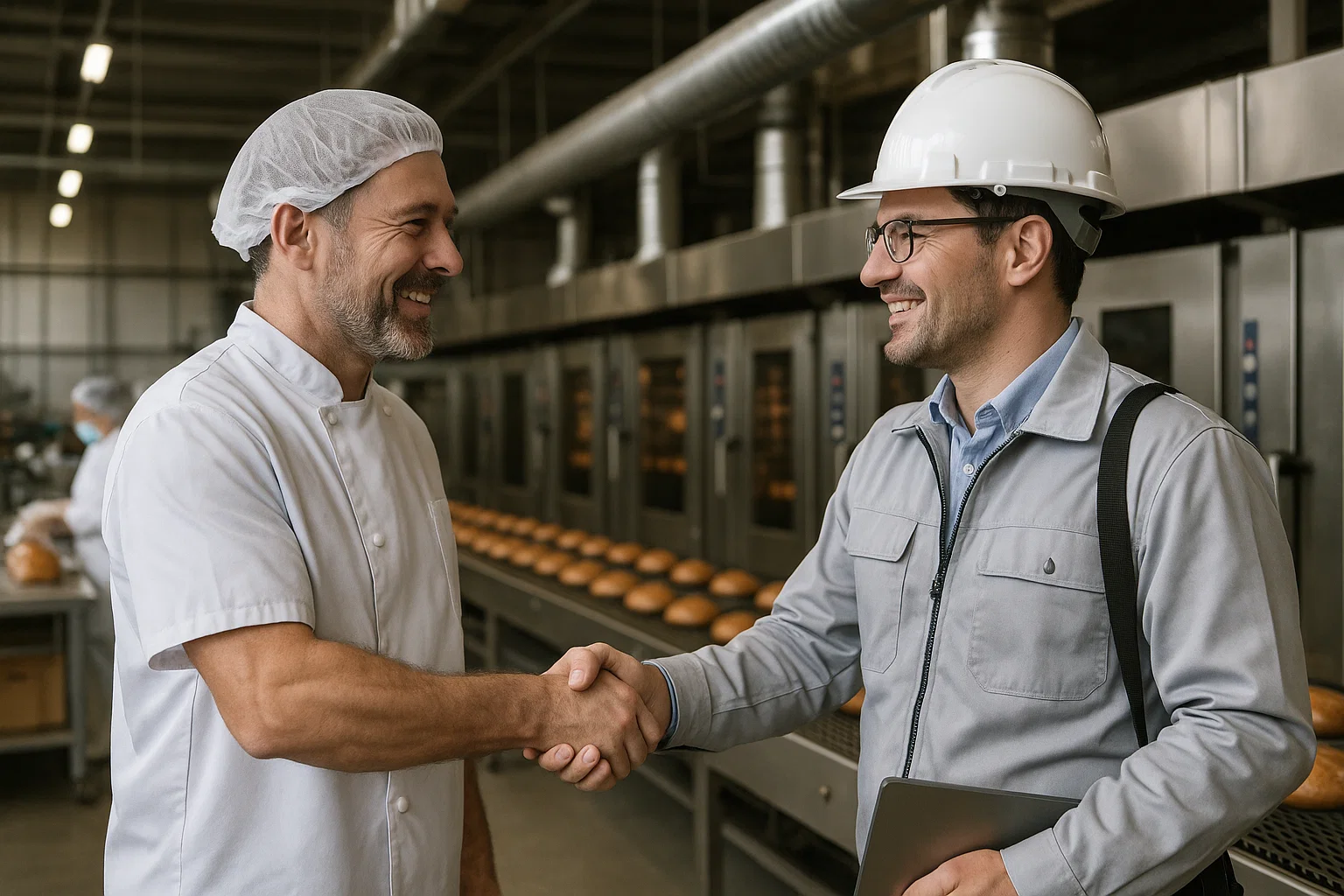 Bakery manager and engineer shaking hands beside running ovens and conveyors in a bakery.